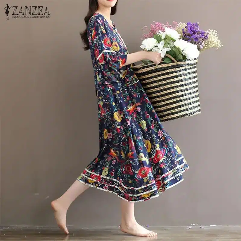 ZANZEA Women Dress 2018 Summer Vintage Floral Print Dresses Flare Sleeve O Neck Long Dress Casual Loose Oversized Vestidos 16