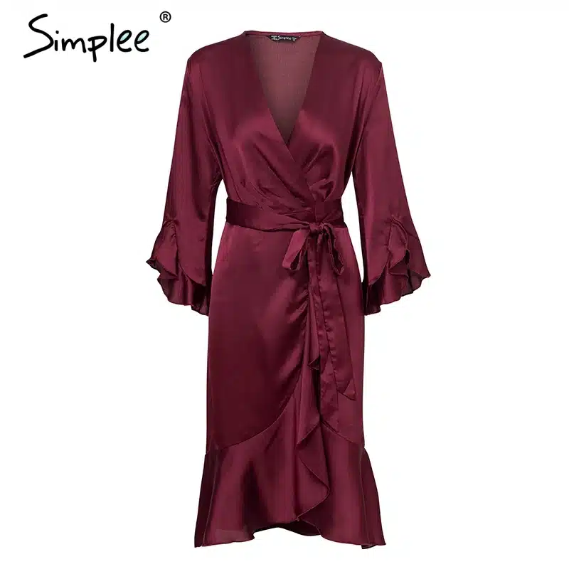Simplee Elegant women satin solid dress Ruffle flare sleeve sash wrap dress 2018 Autumn winter V neck sexy female dress vestidos 18