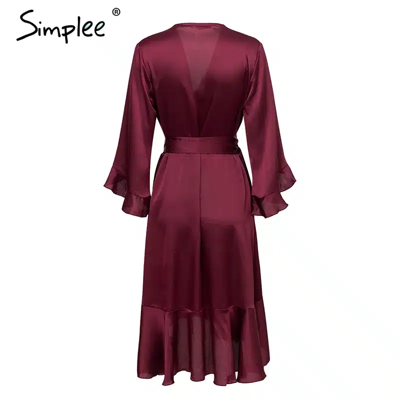 Simplee Elegant women satin solid dress Ruffle flare sleeve sash wrap dress 2018 Autumn winter V neck sexy female dress vestidos 19