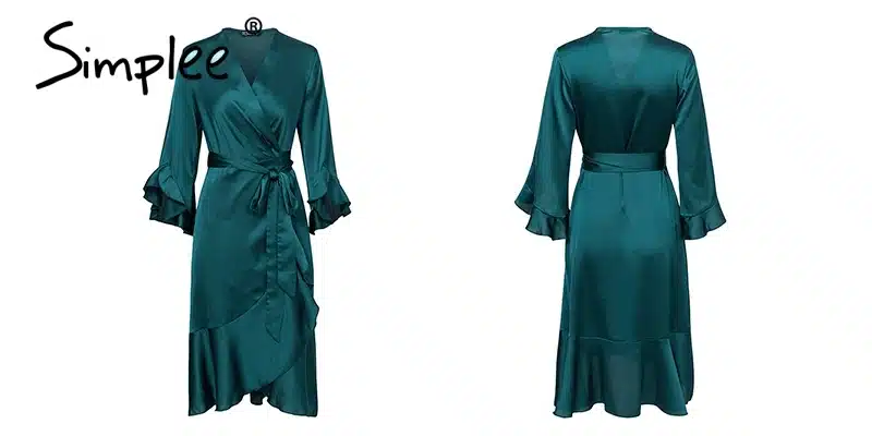 Simplee Elegant women satin solid dress Ruffle flare sleeve sash wrap dress 2018 Autumn winter V neck sexy female dress vestidos 25