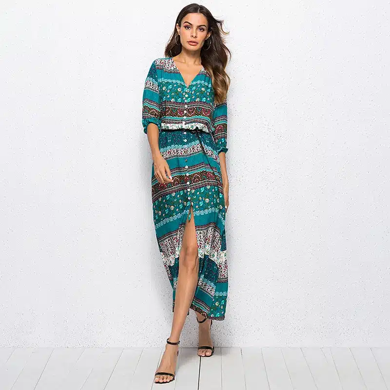 2018 new Bohemian printing long dress women maxi long dress floral print retro hippie vestidos chic brand clothing boho dress 12