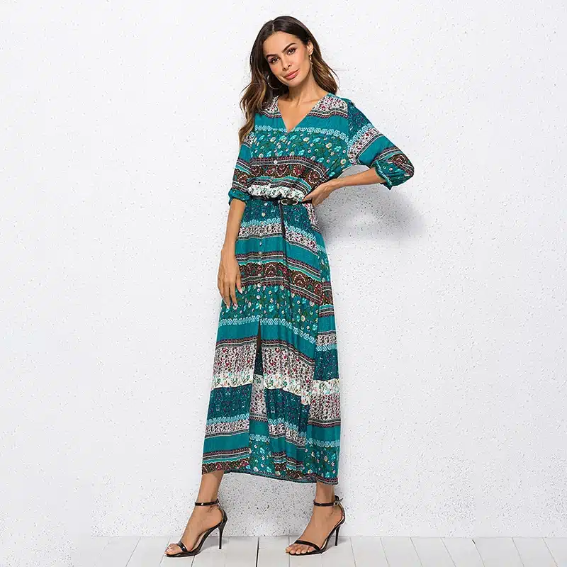 2018 new Bohemian printing long dress women maxi long dress floral print retro hippie vestidos chic brand clothing boho dress 13