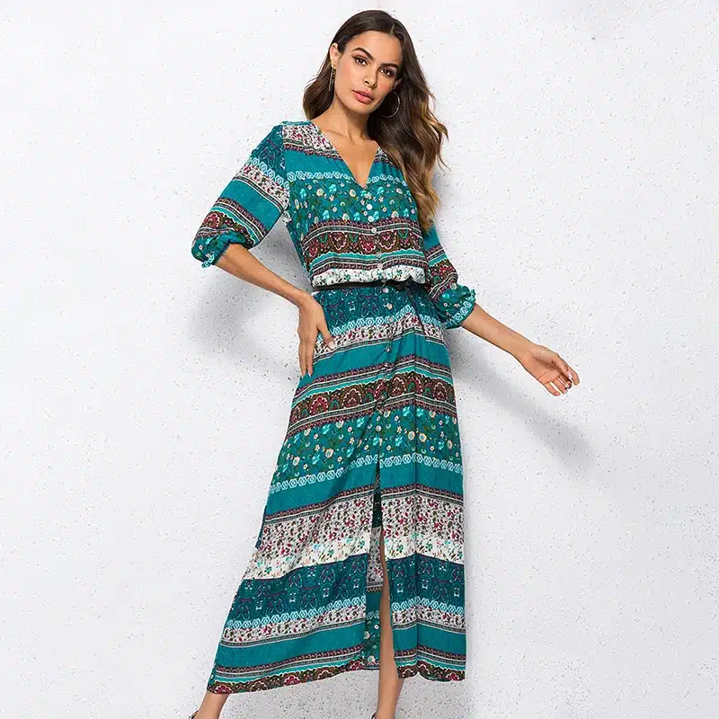 2018 new Bohemian printing long dress women maxi long dress floral print retro hippie vestidos chic brand clothing boho dress 15