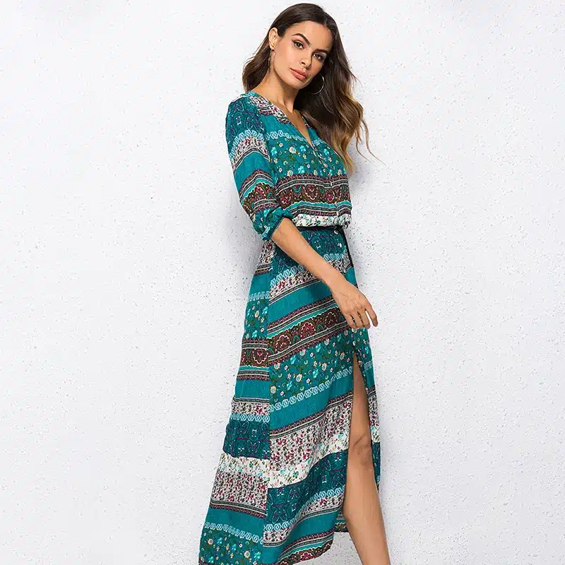 2018 new Bohemian printing long dress women maxi long dress floral print retro hippie vestidos chic brand clothing boho dress 16