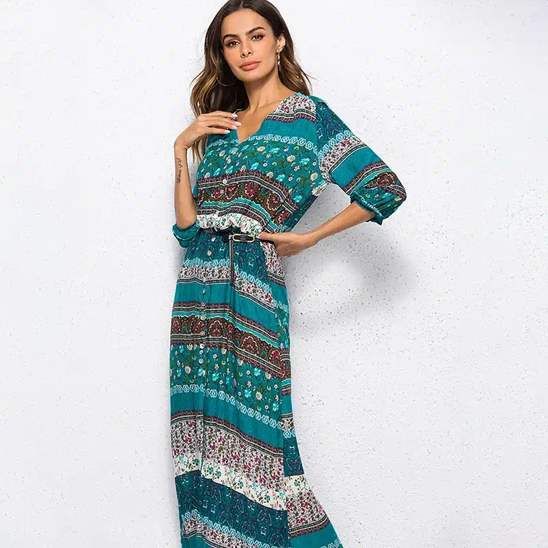 2018 new Bohemian printing long dress women maxi long dress floral print retro hippie vestidos chic brand clothing boho dress 17