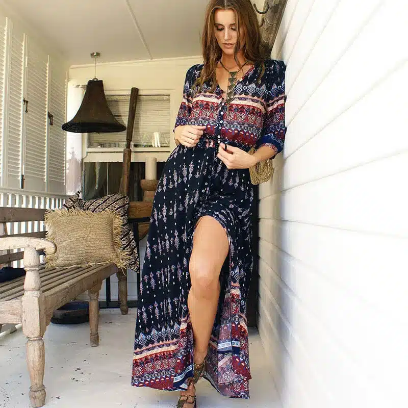 2018 new Bohemian printing long dress women maxi long dress floral print retro hippie vestidos chic brand clothing boho dress 23
