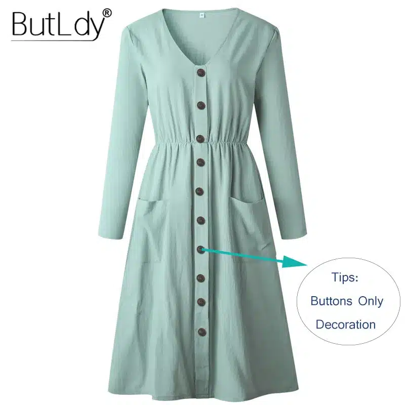 Long Sleeve V-Neck Pockets Button Dress Women 2018 Summer Autumn Midi Shirt Dress Sexy Casual A-Line Beach Sundress Ladies Dress 13