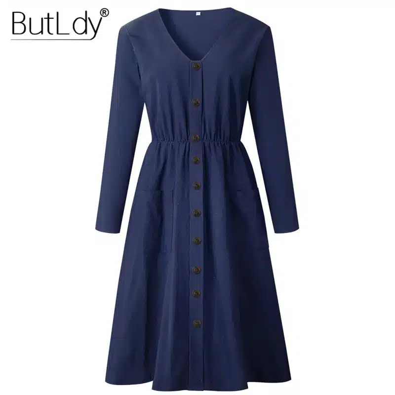 Long Sleeve V-Neck Pockets Button Dress Women 2018 Summer Autumn Midi Shirt Dress Sexy Casual A-Line Beach Sundress Ladies Dress 17