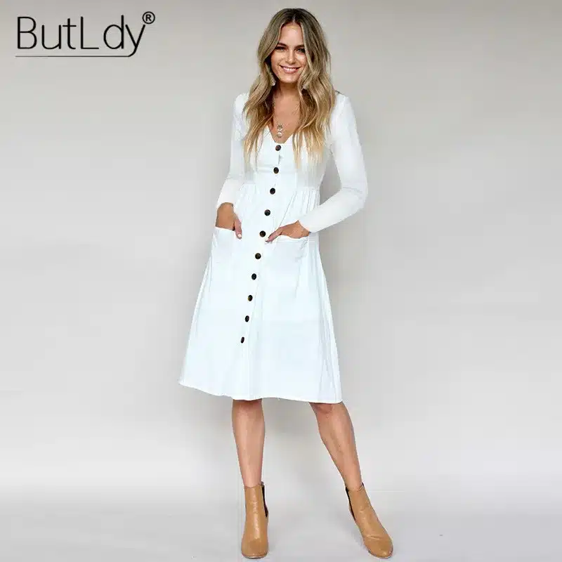 Long Sleeve V-Neck Pockets Button Dress Women 2018 Summer Autumn Midi Shirt Dress Sexy Casual A-Line Beach Sundress Ladies Dress 20