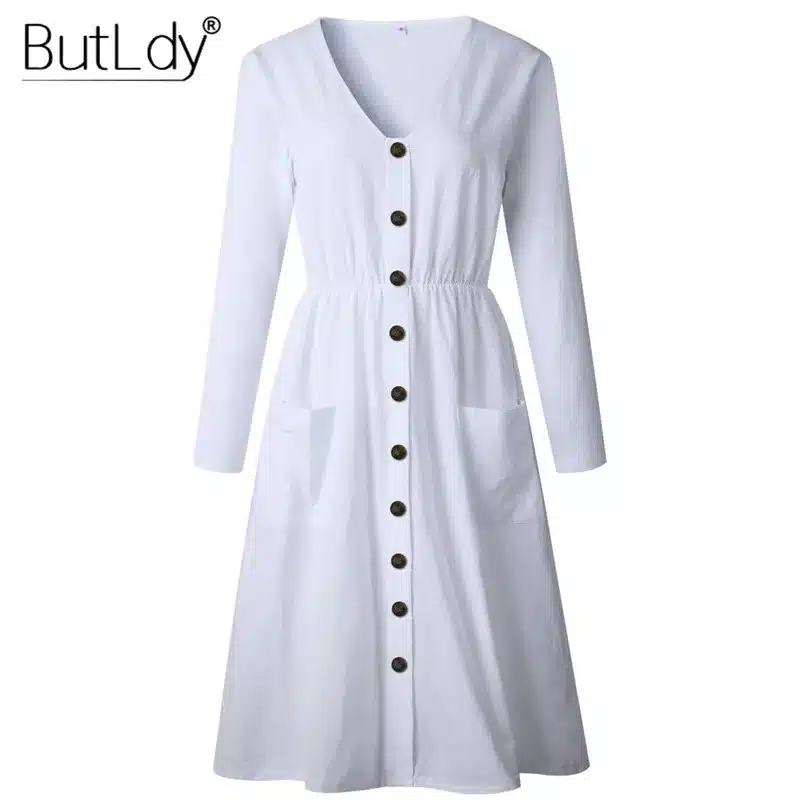 Long Sleeve V-Neck Pockets Button Dress Women 2018 Summer Autumn Midi Shirt Dress Sexy Casual A-Line Beach Sundress Ladies Dress 22
