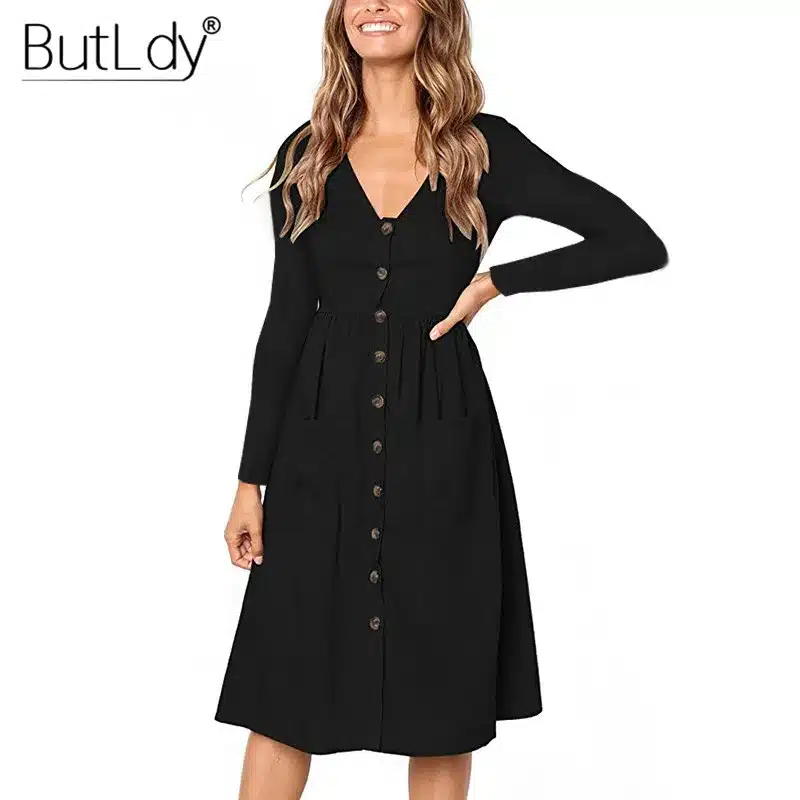 Long Sleeve V-Neck Pockets Button Dress Women 2018 Summer Autumn Midi Shirt Dress Sexy Casual A-Line Beach Sundress Ladies Dress 25