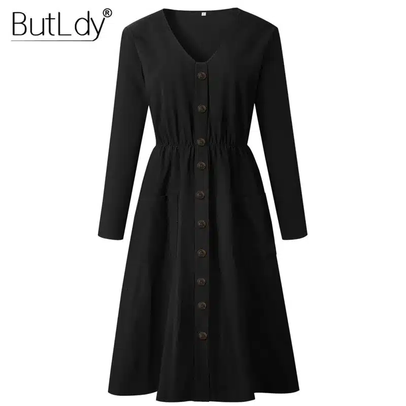 Long Sleeve V-Neck Pockets Button Dress Women 2018 Summer Autumn Midi Shirt Dress Sexy Casual A-Line Beach Sundress Ladies Dress 28