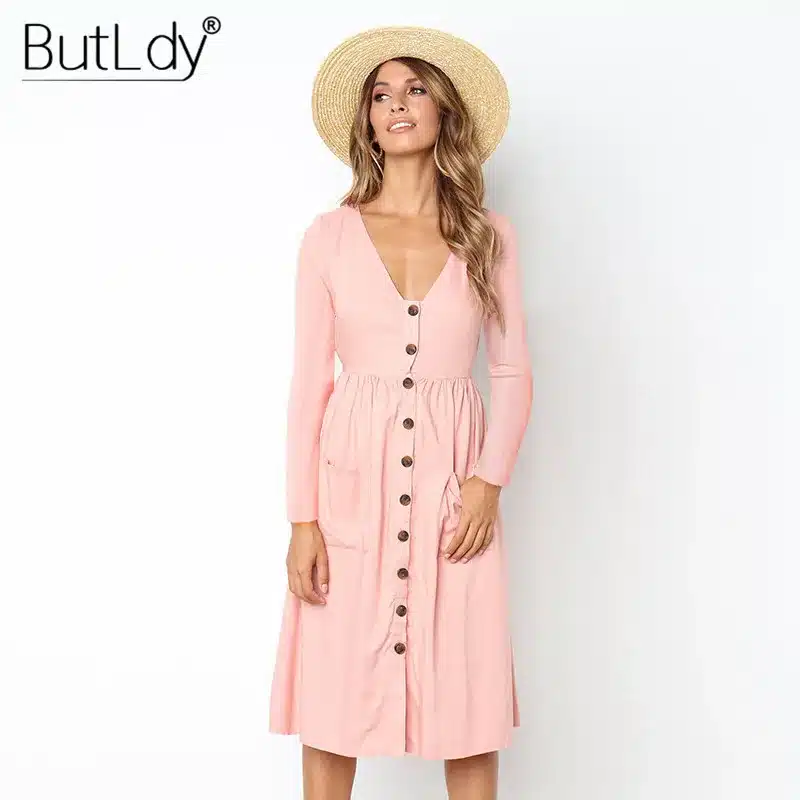 Long Sleeve V-Neck Pockets Button Dress Women 2018 Summer Autumn Midi Shirt Dress Sexy Casual A-Line Beach Sundress Ladies Dress 30