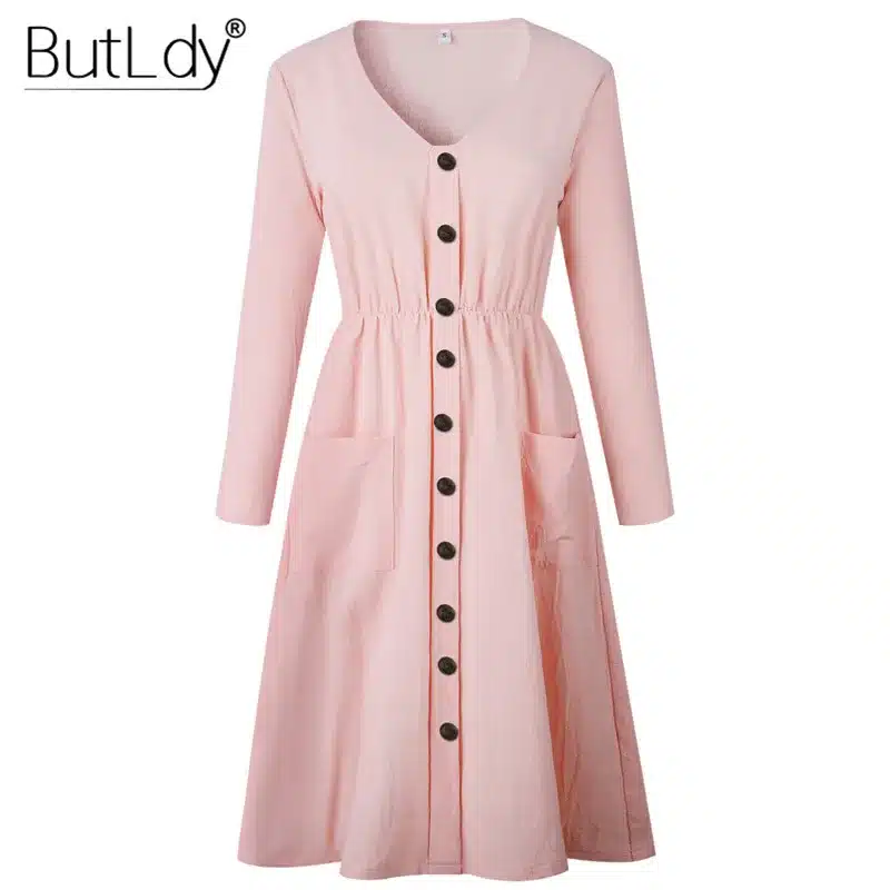 Long Sleeve V-Neck Pockets Button Dress Women 2018 Summer Autumn Midi Shirt Dress Sexy Casual A-Line Beach Sundress Ladies Dress 32
