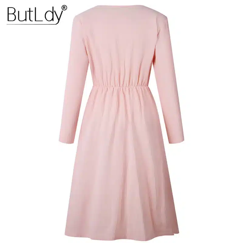 Long Sleeve V-Neck Pockets Button Dress Women 2018 Summer Autumn Midi Shirt Dress Sexy Casual A-Line Beach Sundress Ladies Dress 33
