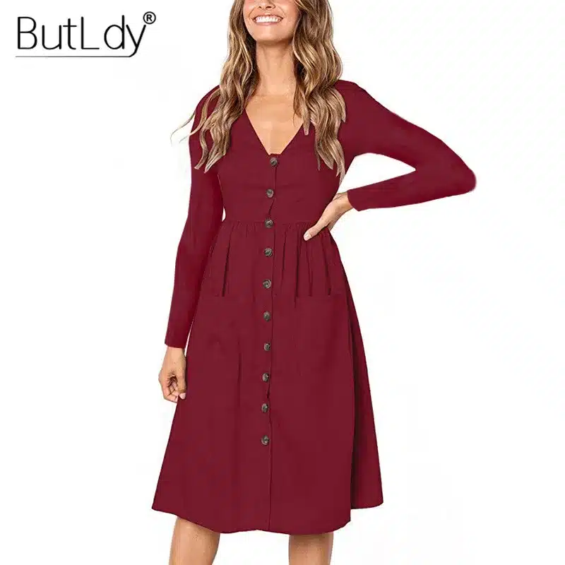 Long Sleeve V-Neck Pockets Button Dress Women 2018 Summer Autumn Midi Shirt Dress Sexy Casual A-Line Beach Sundress Ladies Dress 35
