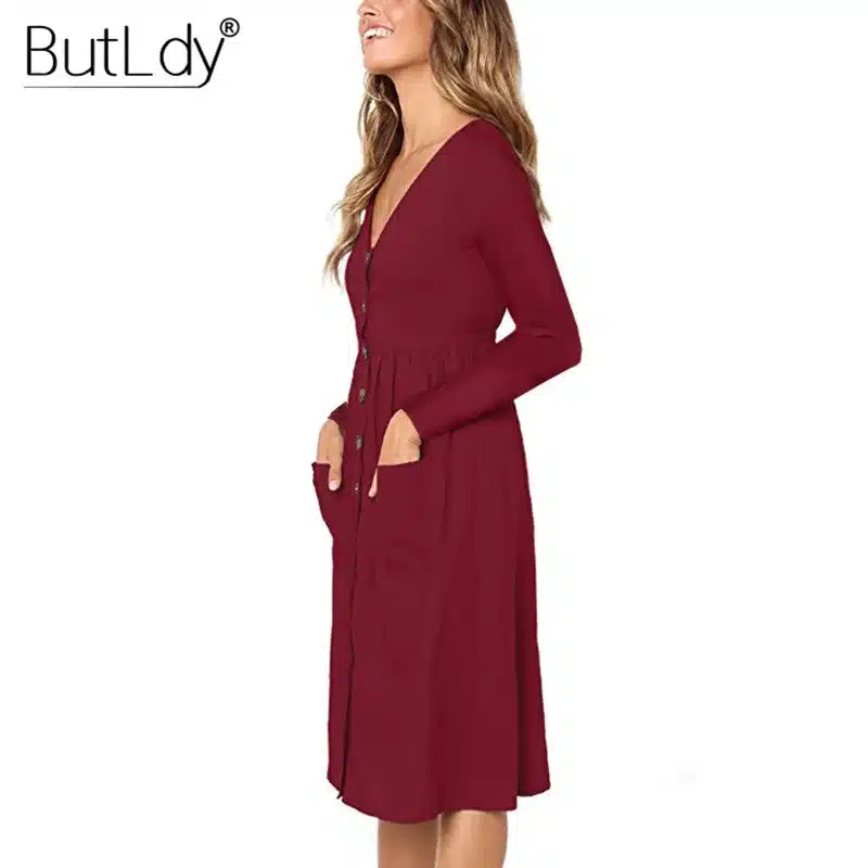 Long Sleeve V-Neck Pockets Button Dress Women 2018 Summer Autumn Midi Shirt Dress Sexy Casual A-Line Beach Sundress Ladies Dress 36
