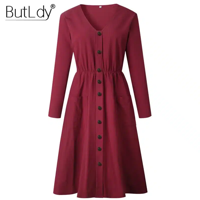 Long Sleeve V-Neck Pockets Button Dress Women 2018 Summer Autumn Midi Shirt Dress Sexy Casual A-Line Beach Sundress Ladies Dress 38