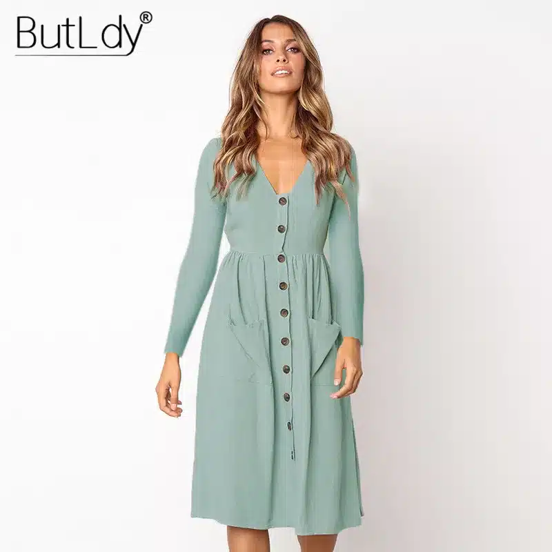 Long Sleeve V-Neck Pockets Button Dress Women 2018 Summer Autumn Midi Shirt Dress Sexy Casual A-Line Beach Sundress Ladies Dress 41