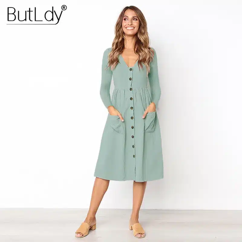 Long Sleeve V-Neck Pockets Button Dress Women 2018 Summer Autumn Midi Shirt Dress Sexy Casual A-Line Beach Sundress Ladies Dress 42