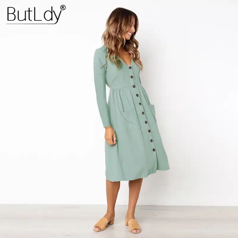 Long Sleeve V-Neck Pockets Button Dress Women 2018 Summer Autumn Midi Shirt Dress Sexy Casual A-Line Beach Sundress Ladies Dress 43