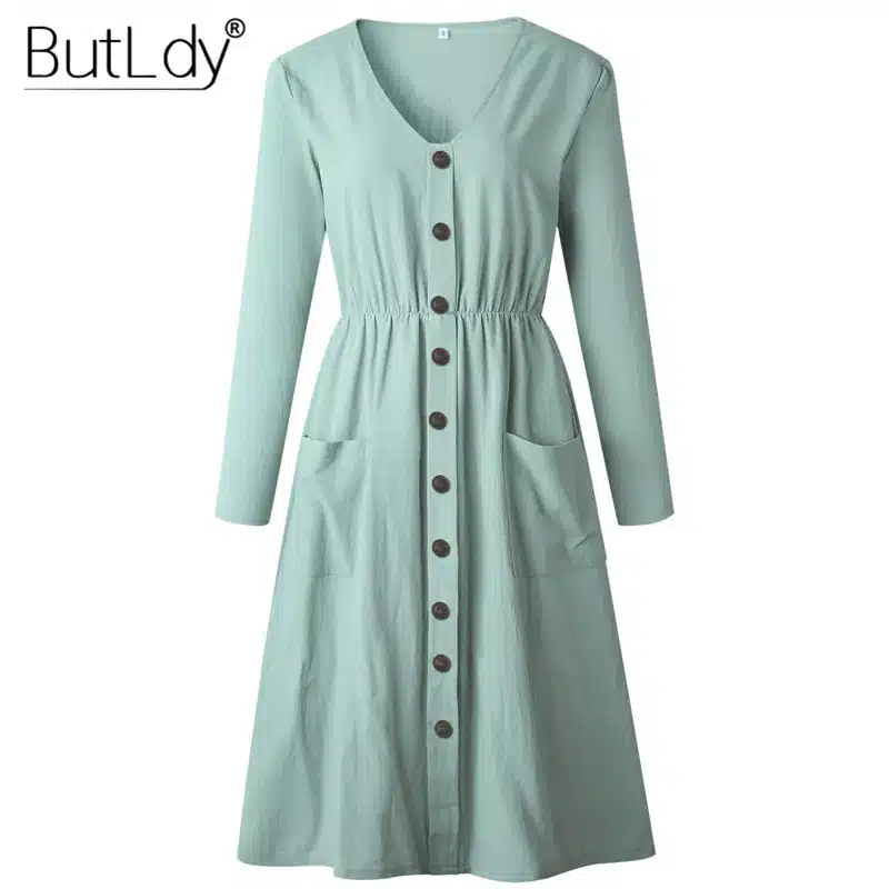 Long Sleeve V-Neck Pockets Button Dress Women 2018 Summer Autumn Midi Shirt Dress Sexy Casual A-Line Beach Sundress Ladies Dress 44