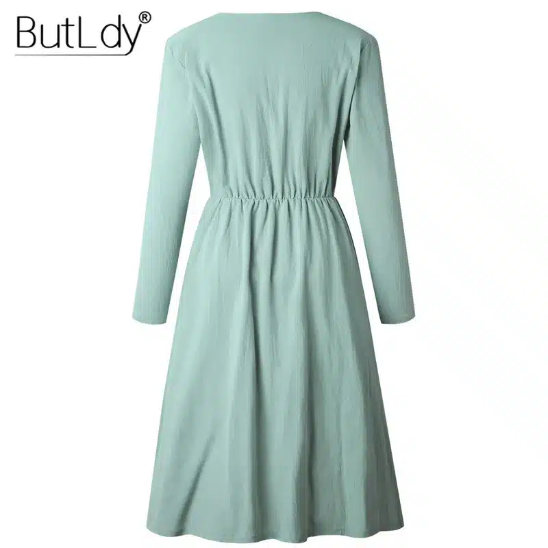 Long Sleeve V-Neck Pockets Button Dress Women 2018 Summer Autumn Midi Shirt Dress Sexy Casual A-Line Beach Sundress Ladies Dress 45
