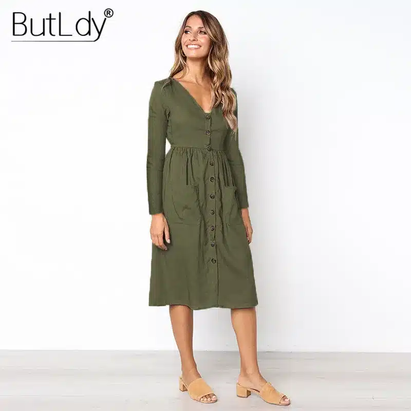 Long Sleeve V-Neck Pockets Button Dress Women 2018 Summer Autumn Midi Shirt Dress Sexy Casual A-Line Beach Sundress Ladies Dress 47