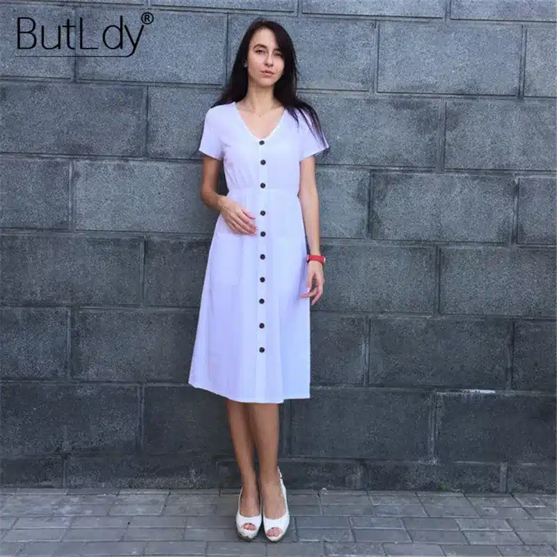Long Sleeve V-Neck Pockets Button Dress Women 2018 Summer Autumn Midi Shirt Dress Sexy Casual A-Line Beach Sundress Ladies Dress 53