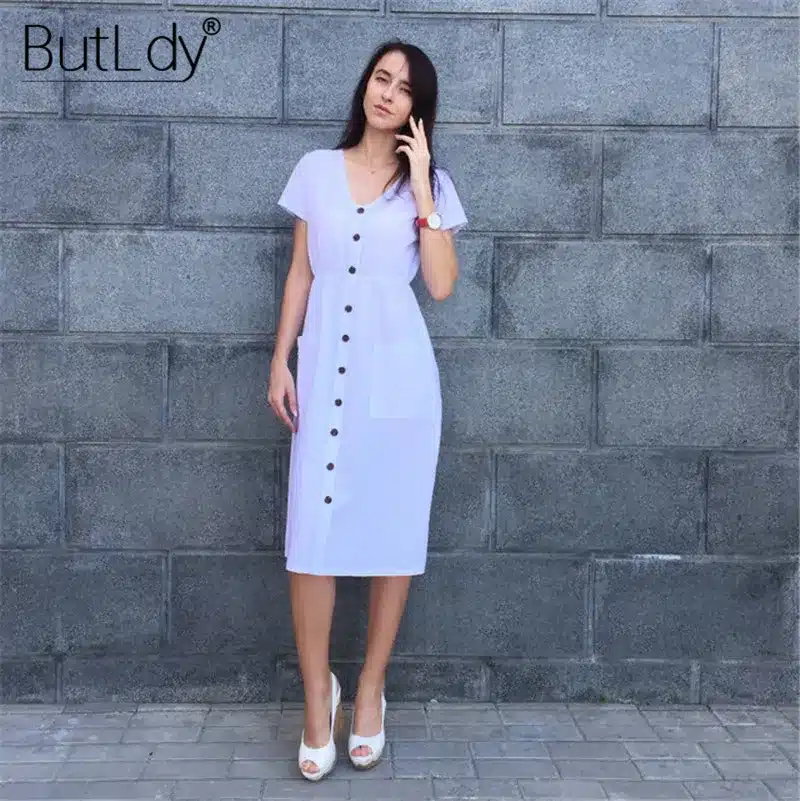 Long Sleeve V-Neck Pockets Button Dress Women 2018 Summer Autumn Midi Shirt Dress Sexy Casual A-Line Beach Sundress Ladies Dress 54