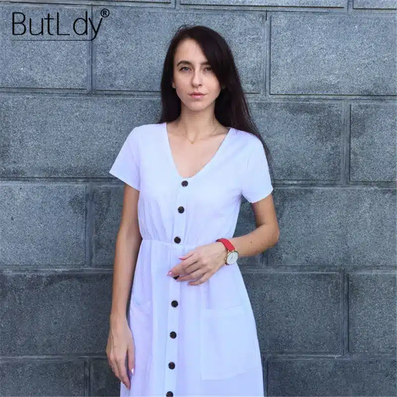 Long Sleeve V-Neck Pockets Button Dress Women 2018 Summer Autumn Midi Shirt Dress Sexy Casual A-Line Beach Sundress Ladies Dress 58