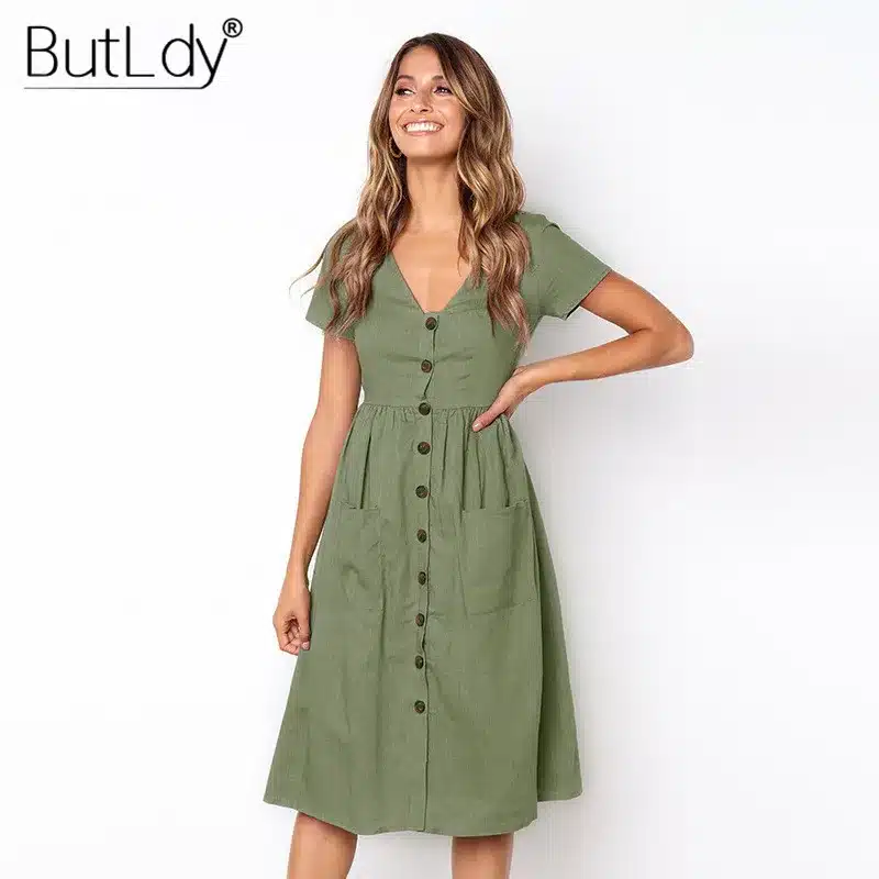 Long Sleeve V-Neck Pockets Button Dress Women 2018 Summer Autumn Midi Shirt Dress Sexy Casual A-Line Beach Sundress Ladies Dress 70