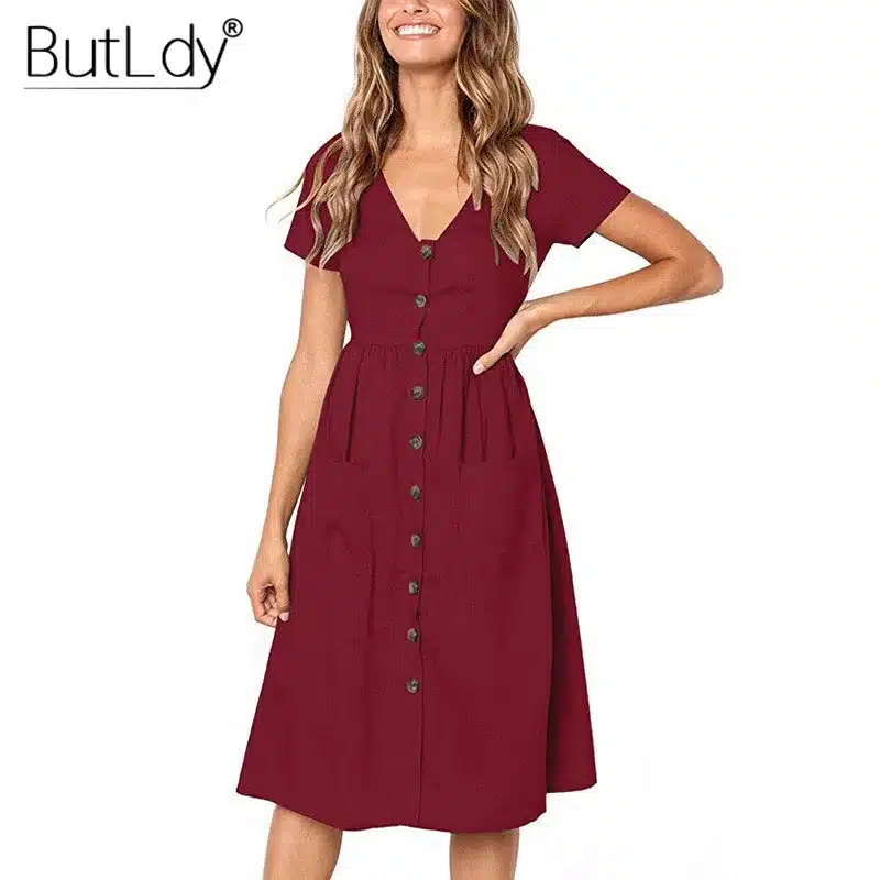 Long Sleeve V-Neck Pockets Button Dress Women 2018 Summer Autumn Midi Shirt Dress Sexy Casual A-Line Beach Sundress Ladies Dress 75