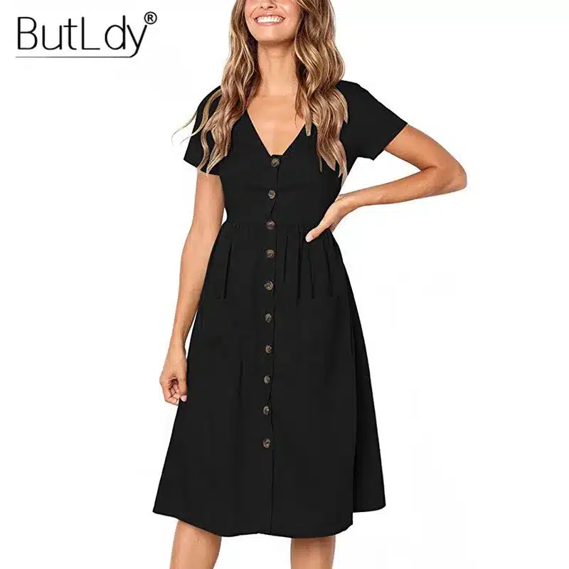 Long Sleeve V-Neck Pockets Button Dress Women 2018 Summer Autumn Midi Shirt Dress Sexy Casual A-Line Beach Sundress Ladies Dress 77