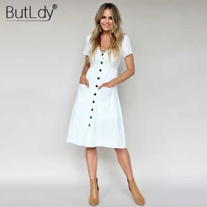 Long Sleeve V-Neck Pockets Button Dress Women 2018 Summer Autumn Midi Shirt Dress Sexy Casual A-Line Beach Sundress Ladies Dress 80