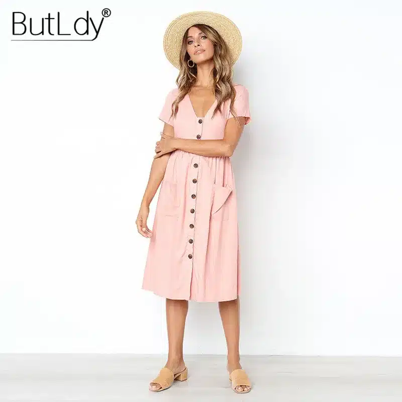 Long Sleeve V-Neck Pockets Button Dress Women 2018 Summer Autumn Midi Shirt Dress Sexy Casual A-Line Beach Sundress Ladies Dress 83
