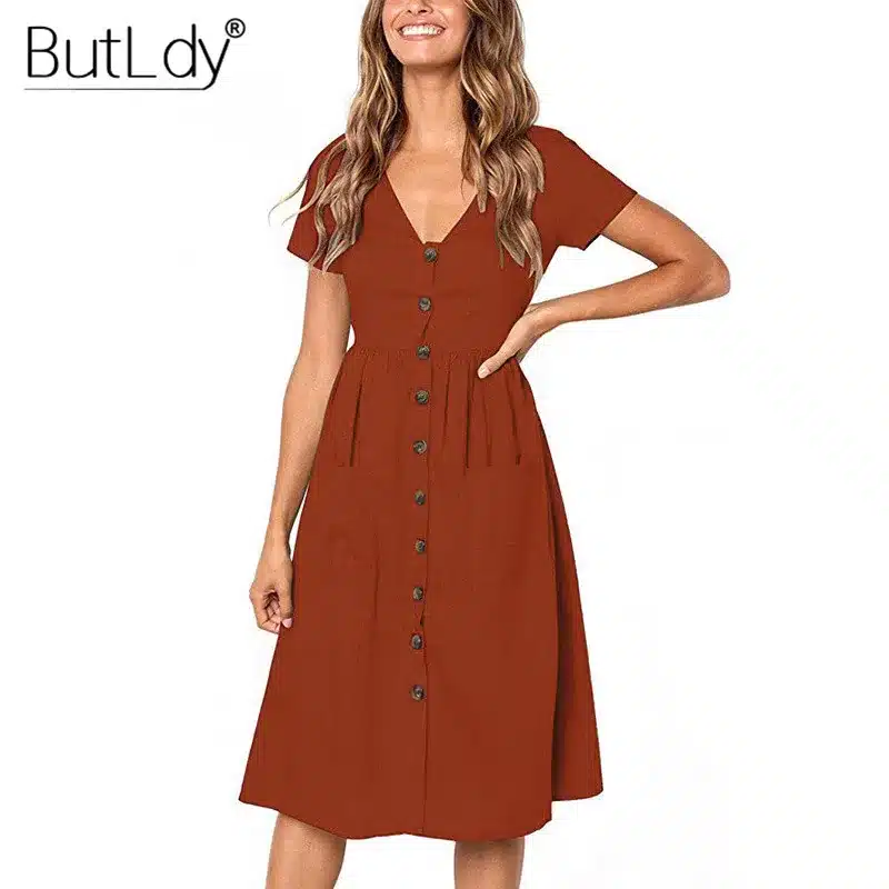 Long Sleeve V-Neck Pockets Button Dress Women 2018 Summer Autumn Midi Shirt Dress Sexy Casual A-Line Beach Sundress Ladies Dress 86