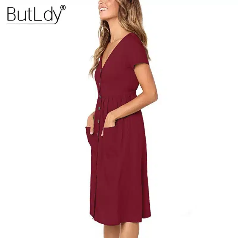Long Sleeve V-Neck Pockets Button Dress Women 2018 Summer Autumn Midi Shirt Dress Sexy Casual A-Line Beach Sundress Ladies Dress 89