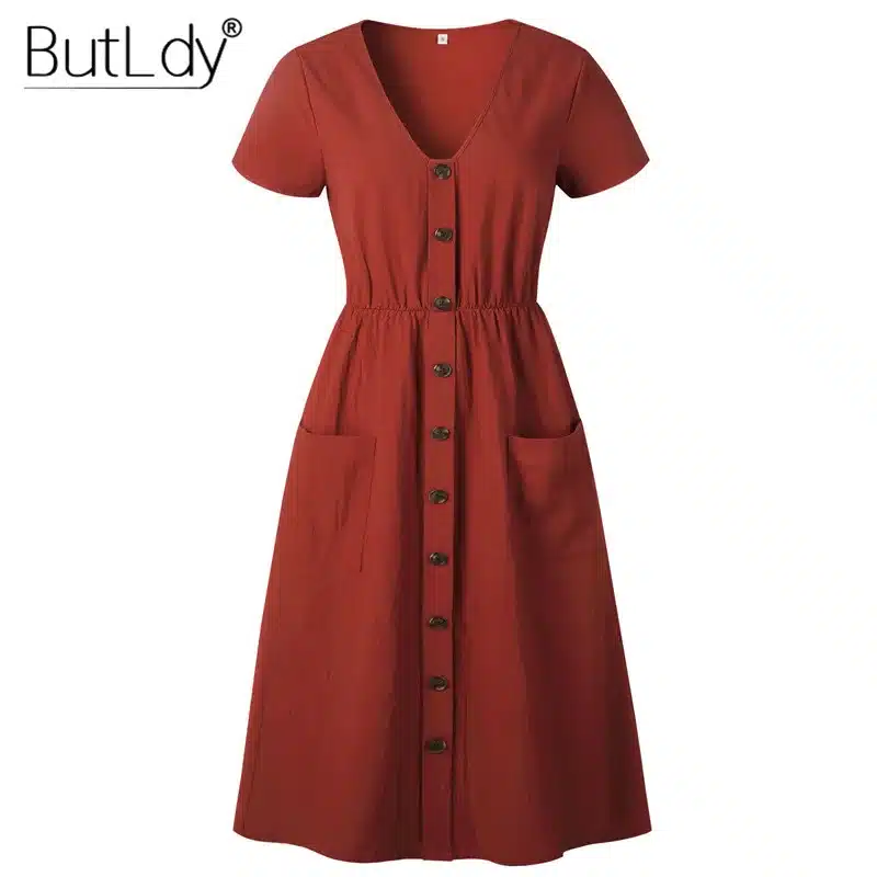 Long Sleeve V-Neck Pockets Button Dress Women 2018 Summer Autumn Midi Shirt Dress Sexy Casual A-Line Beach Sundress Ladies Dress 91