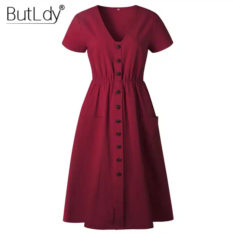 Long Sleeve V-Neck Pockets Button Dress Women 2018 Summer Autumn Midi Shirt Dress Sexy Casual A-Line Beach Sundress Ladies Dress 94