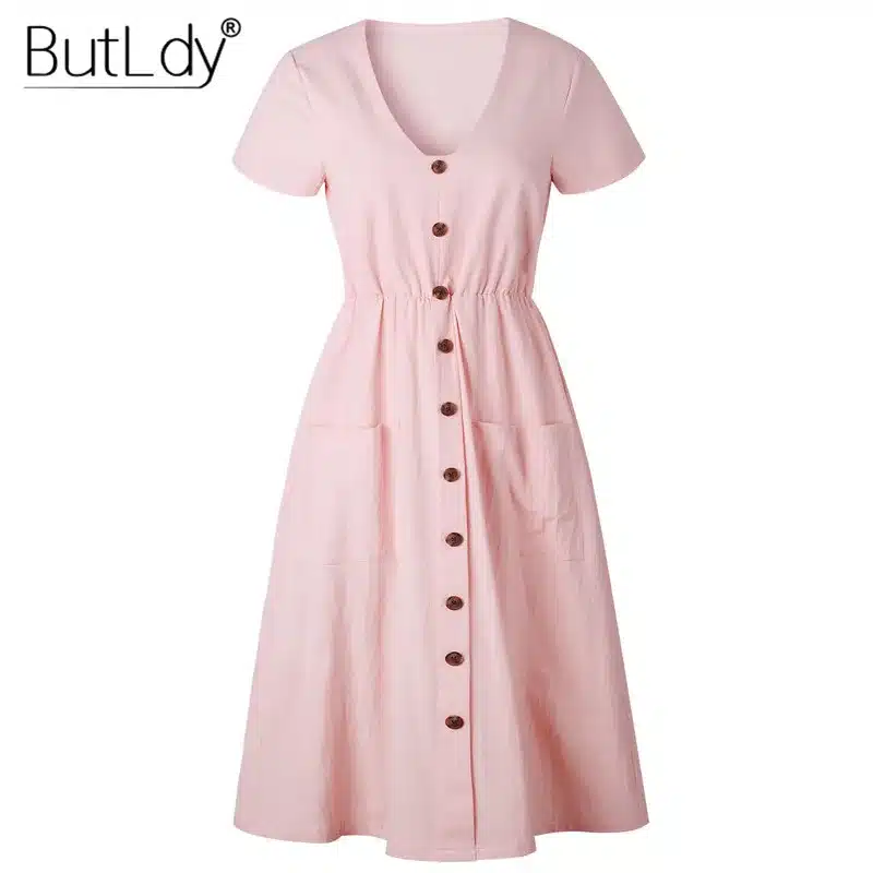 Long Sleeve V-Neck Pockets Button Dress Women 2018 Summer Autumn Midi Shirt Dress Sexy Casual A-Line Beach Sundress Ladies Dress 97