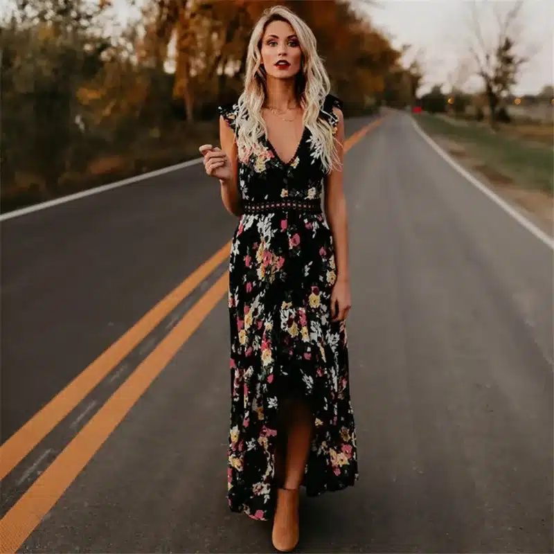 2018 Elegant flower print lace maxi dress vestidos Sexy deep V neck backless summer dress Women boho asymmetrical long dress 12