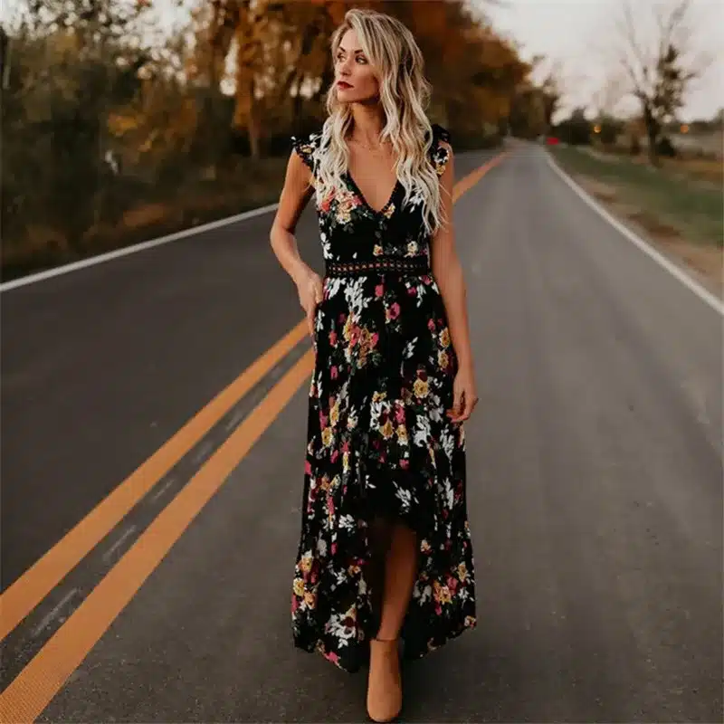 2018 Elegant flower print lace maxi dress vestidos Sexy deep V neck backless summer dress Women boho asymmetrical long dress 13