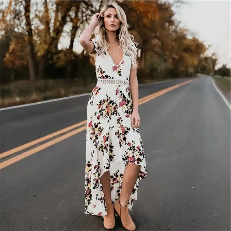 2018 Elegant flower print lace maxi dress vestidos Sexy deep V neck backless summer dress Women boho asymmetrical long dress 15