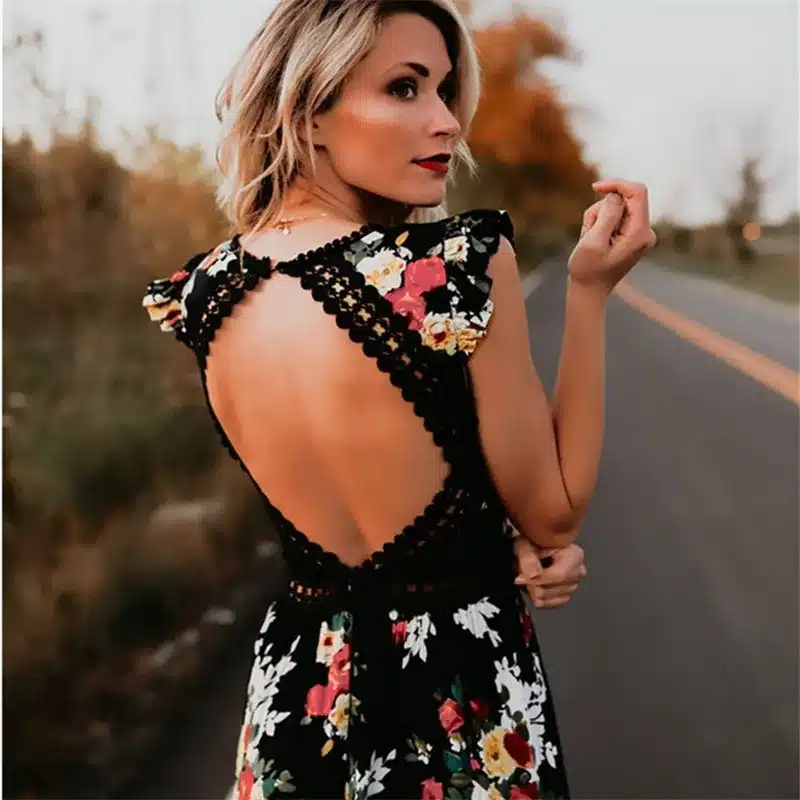 2018 Elegant flower print lace maxi dress vestidos Sexy deep V neck backless summer dress Women boho asymmetrical long dress 16