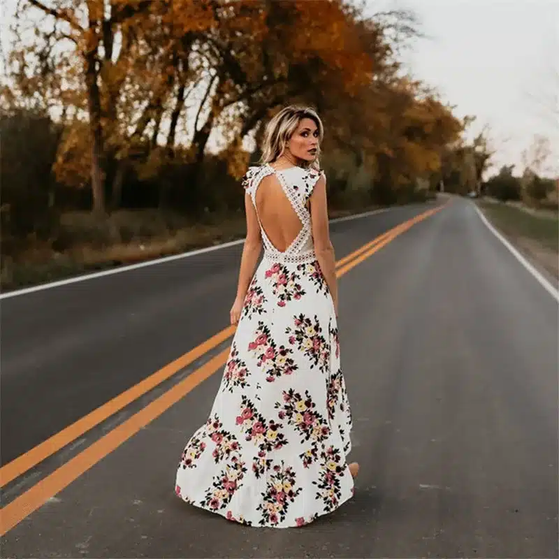 2018 Elegant flower print lace maxi dress vestidos Sexy deep V neck backless summer dress Women boho asymmetrical long dress 18