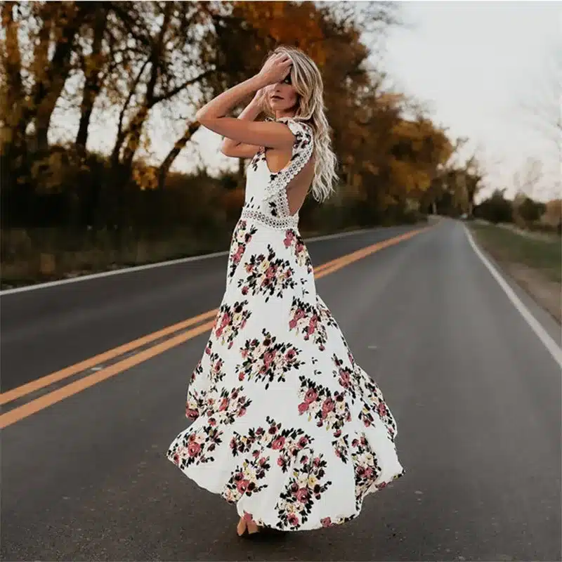 2018 Elegant flower print lace maxi dress vestidos Sexy deep V neck backless summer dress Women boho asymmetrical long dress 19