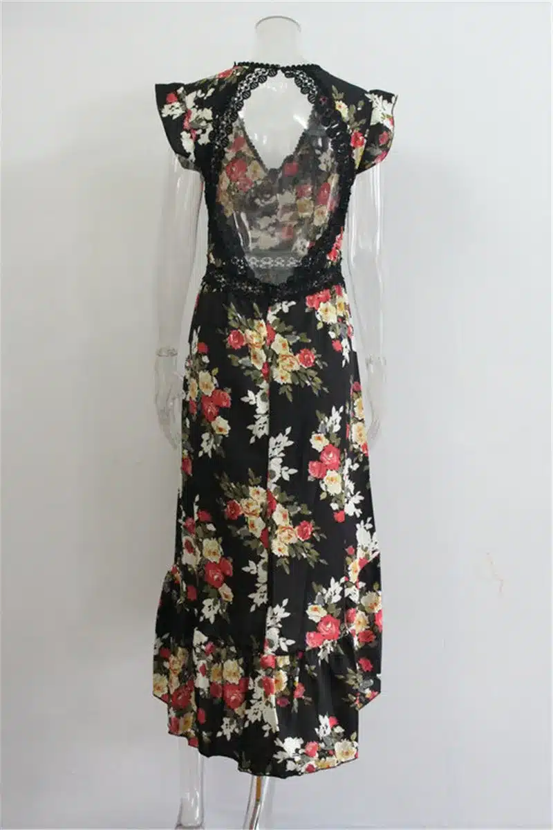 2018 Elegant flower print lace maxi dress vestidos Sexy deep V neck backless summer dress Women boho asymmetrical long dress 21