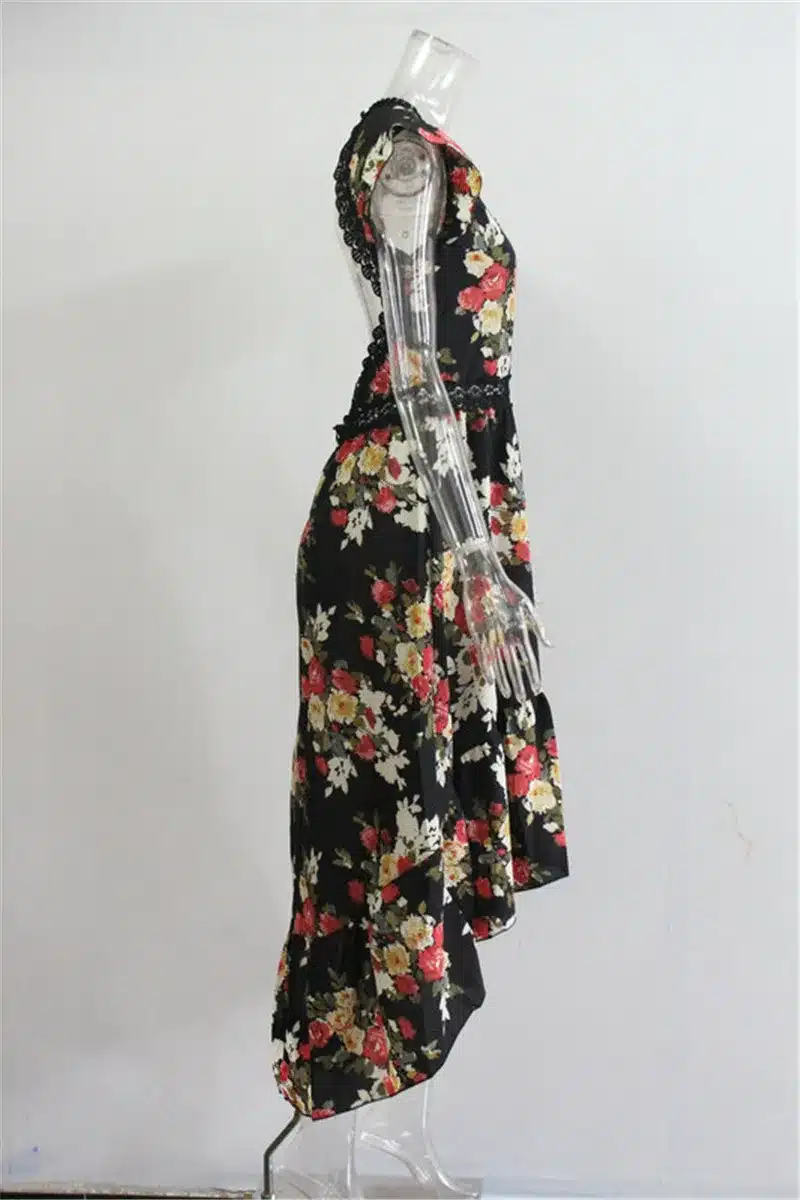 2018 Elegant flower print lace maxi dress vestidos Sexy deep V neck backless summer dress Women boho asymmetrical long dress 22