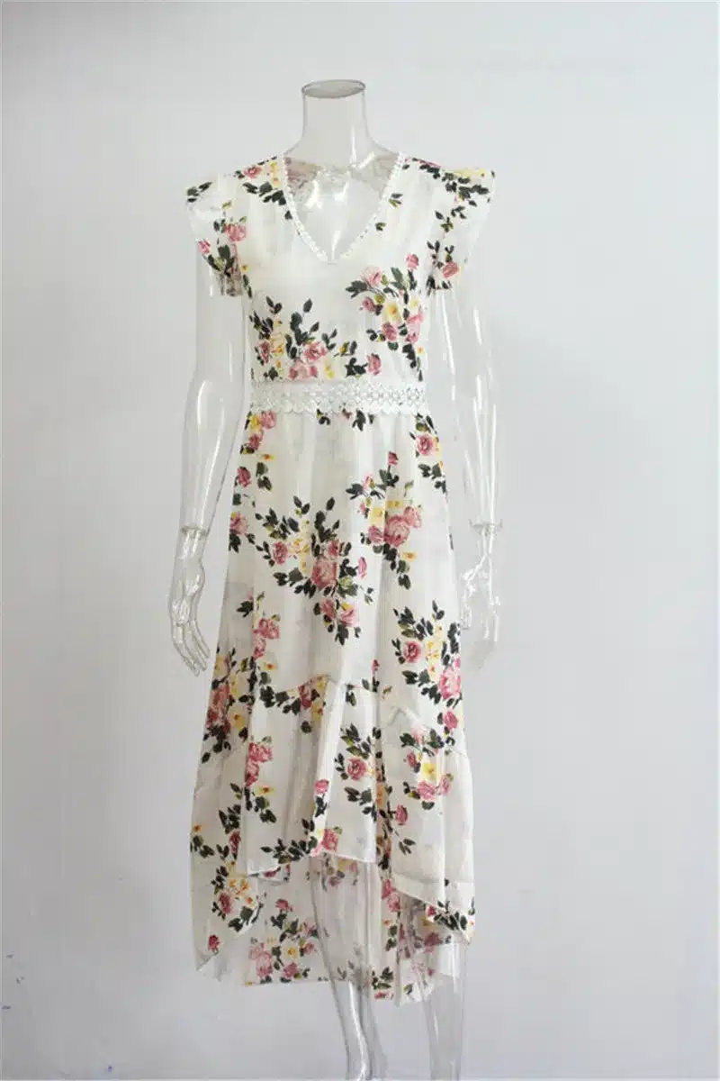2018 Elegant flower print lace maxi dress vestidos Sexy deep V neck backless summer dress Women boho asymmetrical long dress 25